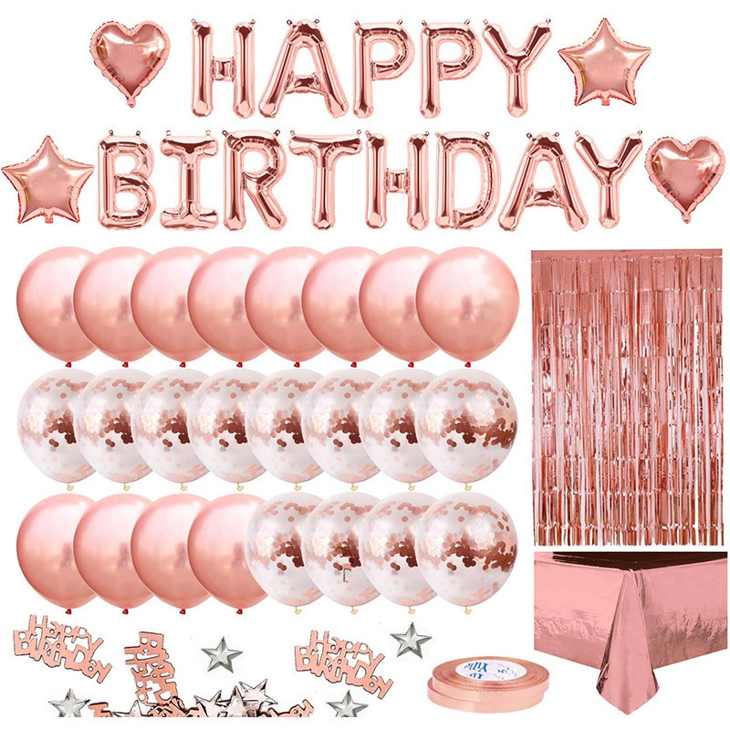 Rose Gold Birthday Party Balloon Kit, Happy Birthday Foil Balloons & Tinsel Curtain Decor
