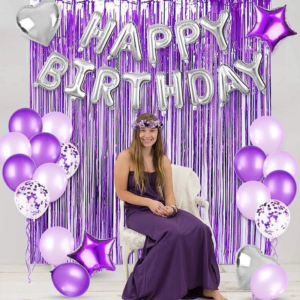 Purple Birthday Balloon Set with Tinsel Curtain, Happy Birthday Party Decorations