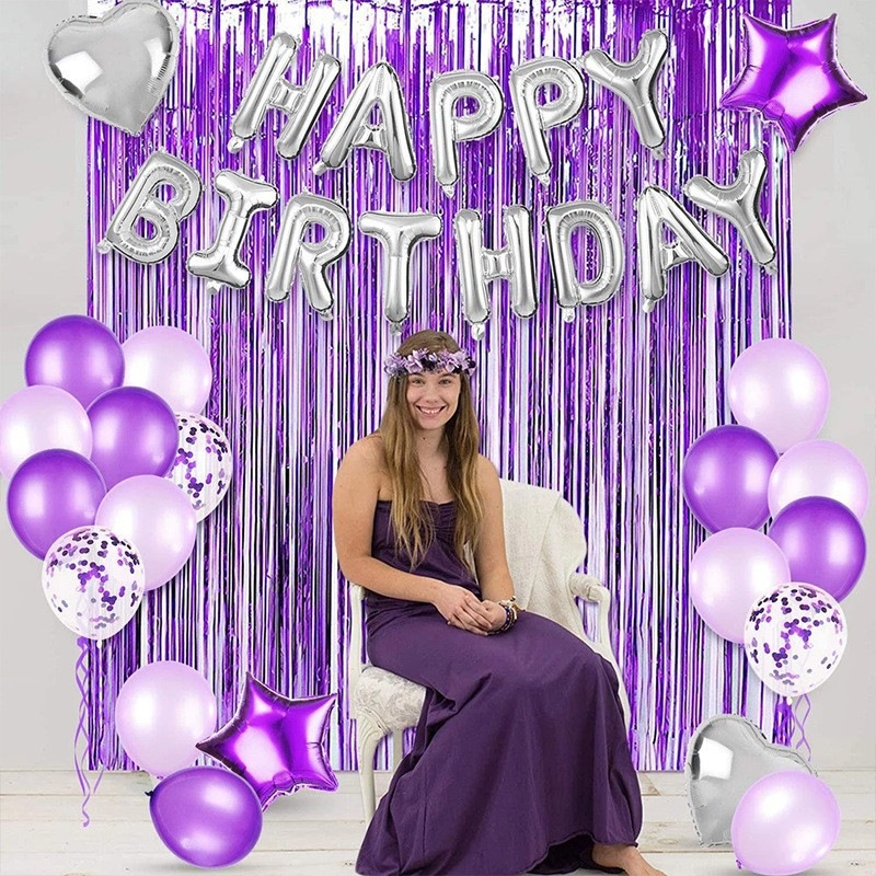 Purple Birthday Balloon Set with Tinsel Curtain, Happy Birthday Party Decorations
