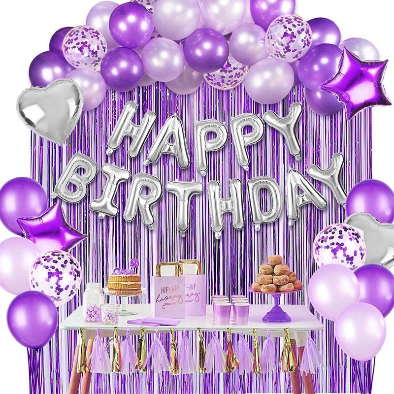 Purple Birthday Balloon Set with Tinsel Curtain, Happy Birthday Party Decorations - Image 3
