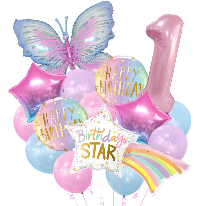 Gradient Butterfly Number 1-9 Balloon Set, Pastel Pearlescent Latex Balloons for Kids Birthday