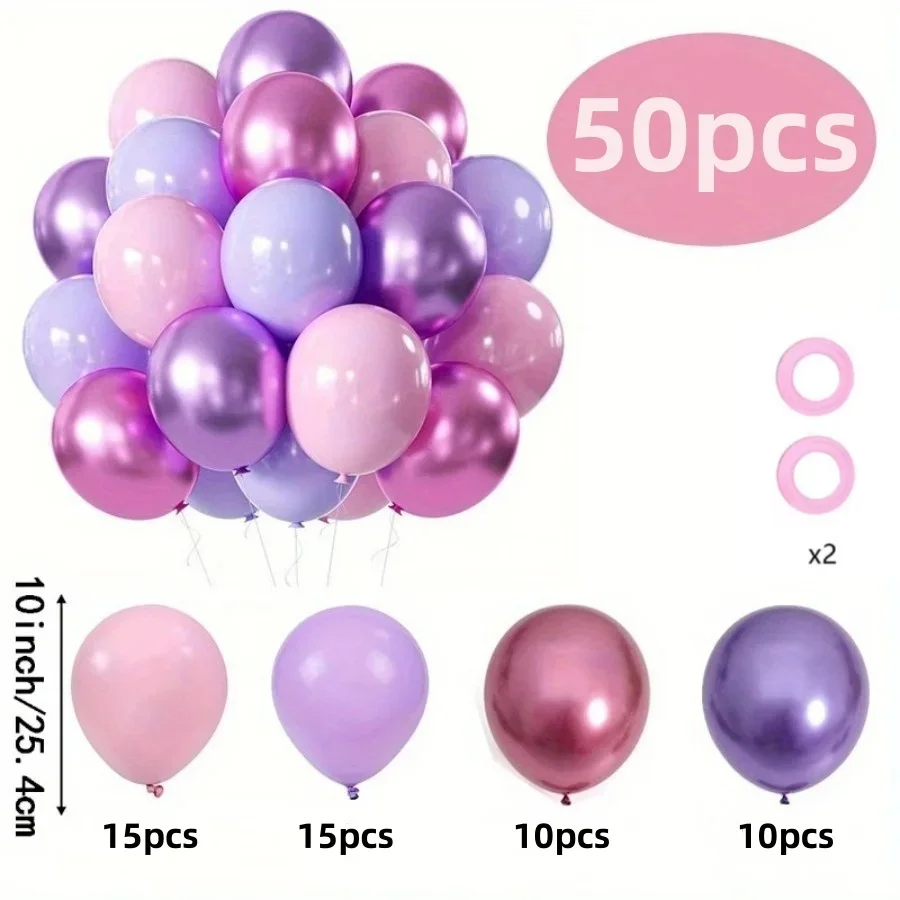 Pink & Purple Metallic Latex Balloons 50Pcs, Girls Birthday Wedding Party Decor - Image 2