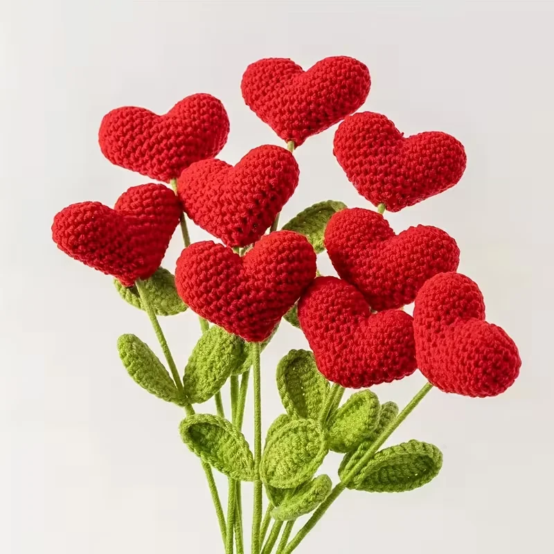 6Pcs Handmade Crochet Heart Flower Bouquet, Valentine Mother's Day Gift Home Decor