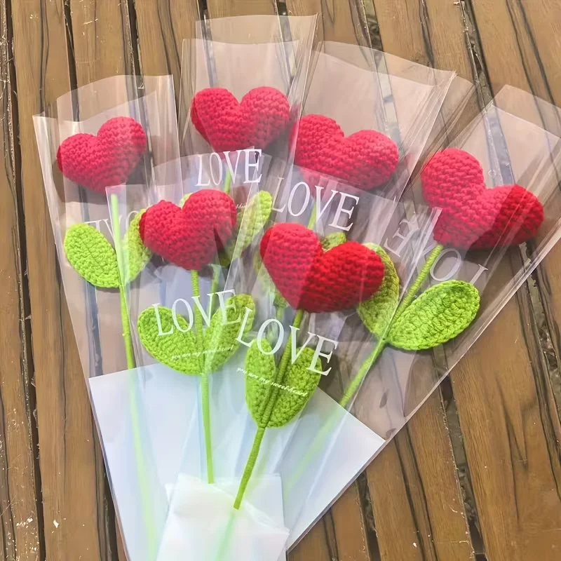 6Pcs Handmade Crochet Heart Flower Bouquet, Valentine Mother's Day Gift Home Decor - Image 3